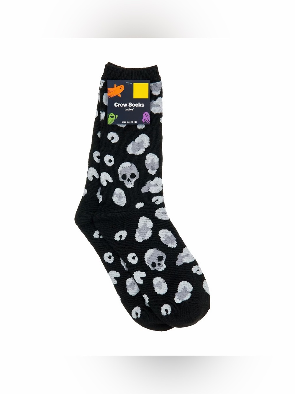 Ladies' Black Crew Socks with White Skull Pattern